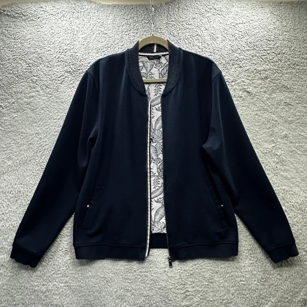 Ted Baker London Mens Large Navy Blue Full Zip Bomber Jacket Leaf Lining Comfort